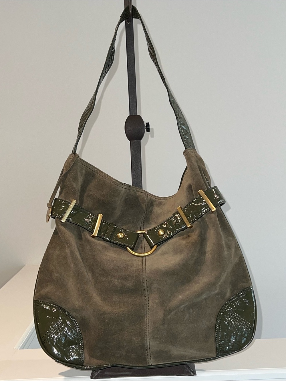 a.n.a Genuine Suede Hobo Shoulder Bag – Taupe & Olive Green Patent Leather
